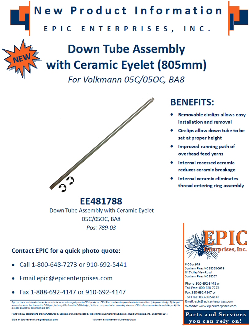 EE481788 Down Tube Assembly with Ceramic Eyelet, 05C/05OC, BA8 (805mm)